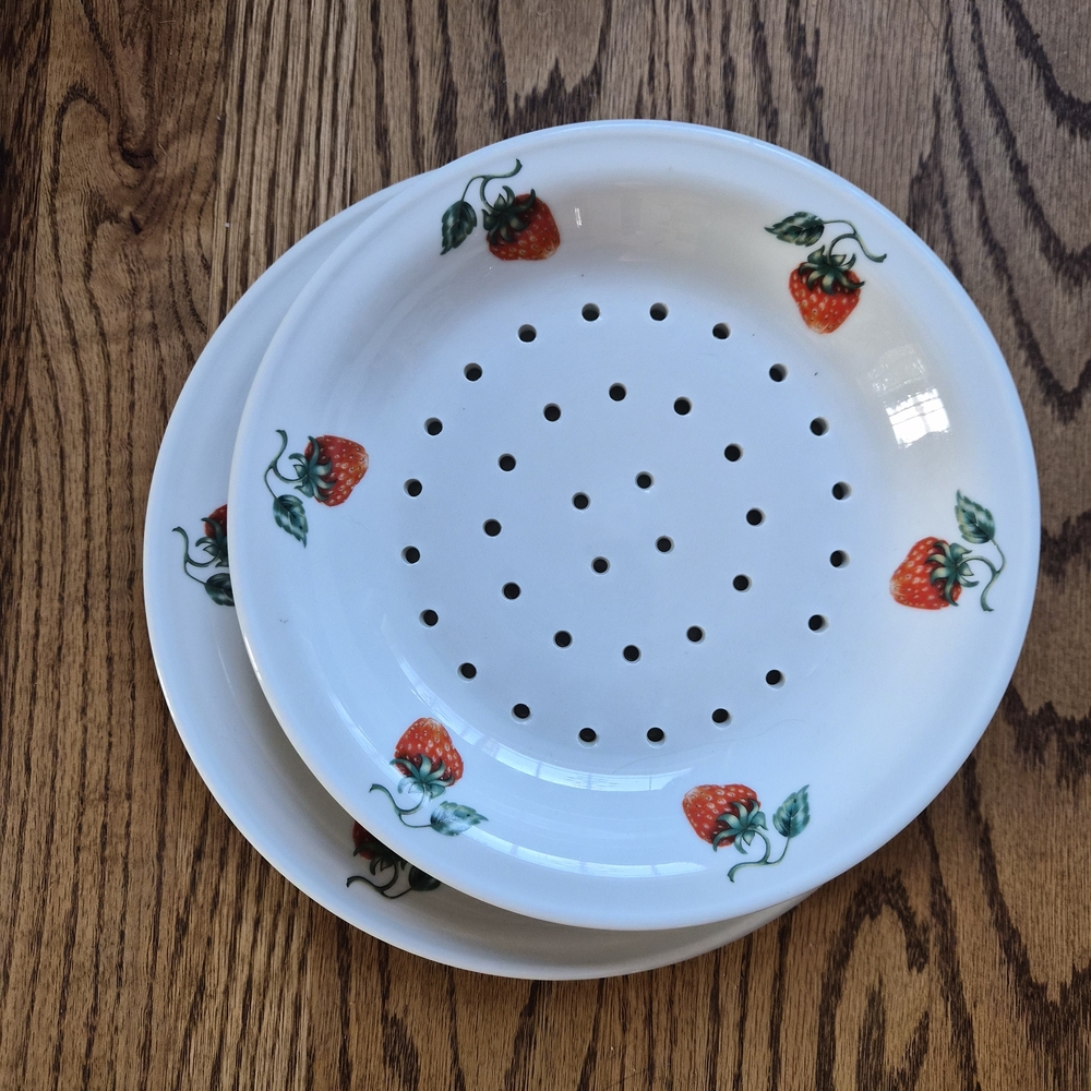 Vintage Apilco Porcelain Strawberry Fruit Colander Bowl and Plate Set